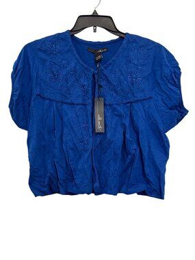 Willi Smith Womens Blue Embroidered 100% Cotton Blouse Size Small